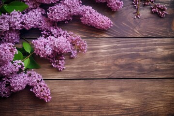lilac flowers on wooden rustic background, created with generative ai