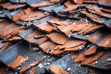 close-up of cracked roof tiles after storm, created with generative ai
