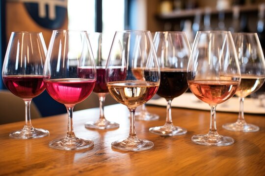 variety of wine glasses aligned, ready for tasting, created with generative ai