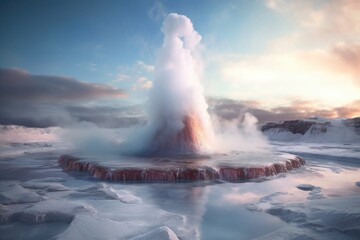 erupting geyser surrounded by icy terrain, created with generative ai - obrazy, fototapety, plakaty