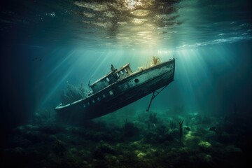 Fototapeta premium dramatic underwater shot of capsized boat, created with generative ai