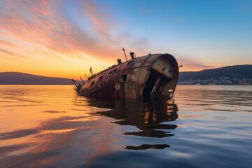 capsized vessel during a sunset, created with generative ai