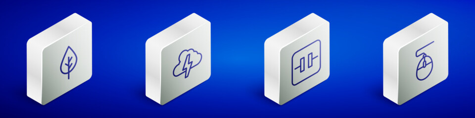 Set Isometric line Leaf Eco symbol, Cloud and lightning, Electrolytic capacitor and Computer mouse icon. Vector