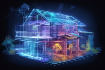 holographic blueprint of an eco-friendly building design, created with generative ai