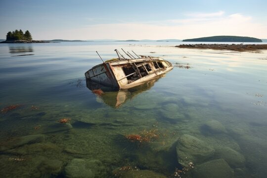 capsized boat in shallow water, sandbar visible, created with generative ai