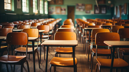 Empty Classroom. Back to school concept in high school. Classroom Interior Vintage Wooden Lecture Wooden Chairs and Desks. Studying lessons in secondary education. generative ai - Powered by Adobe