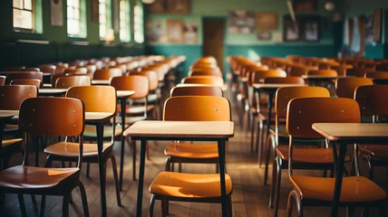 Fototapete Retro Empty Classroom. Back to school concept in high school. Classroom Interior Vintage Wooden Lecture Wooden Chairs and Desks. Studying lessons in secondary education. generative ai