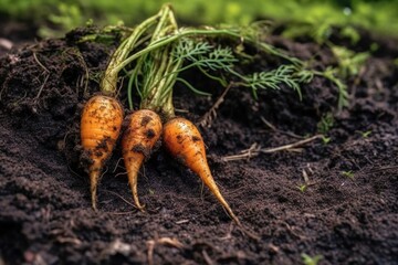 rotten carrots half-buried in soil, created with generative ai