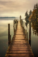 wooden pier extending into calm lake waters, created with generative ai