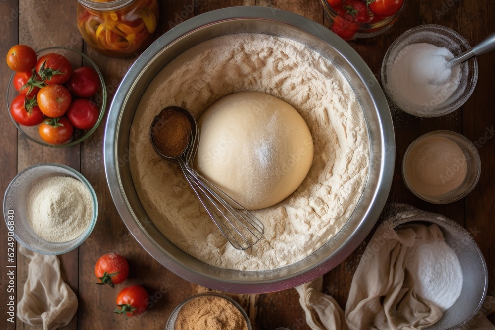 Sticker overhead view of dough doubling in size in a bowl, created with generative ai