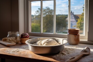 dough rising in a bowl with a window view in the background, created with generative ai