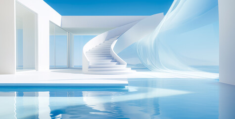 Heavens white space White floor and columns in modern white, white stairs, perfect skies, white silk. 