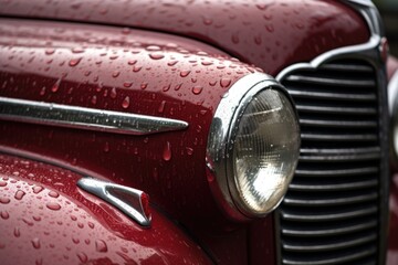 close-up of water droplets on freshly washed vintage car, created with generative ai