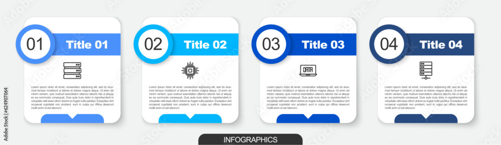 Poster set line server, processor cpu, data analysis and . business infographic template. vector