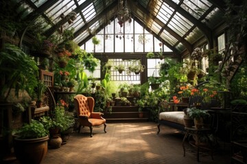 wide-angle shot of a beautifully restored victorian greenhouse, created with generative ai