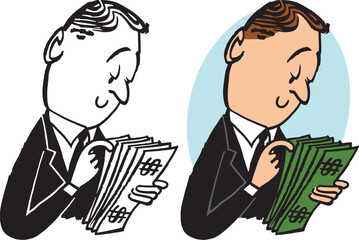 A vintage retro cartoon of a businessman counting a stack of dollar bills. 