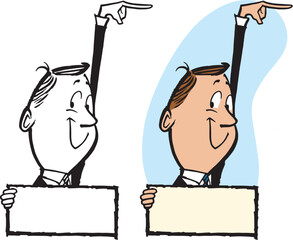 A vintage retro cartoon of a businessman holding a blank sign and pointing to the right. 