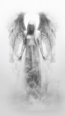 Illustration of a beautiful smoke female angel apparition that glow against white background. Illustration created with generative AI technology