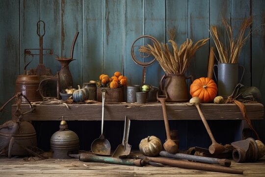 rusty vintage farm tools arranged on wooden table, created with generative ai