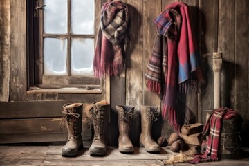 winter boots and scarf hanging on a rustic wall, created with generative ai