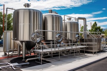 Fototapeta na wymiar outdoor brewery equipment with stainless steel tanks and pipes, created with generative ai
