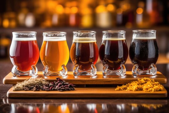 beer flight sampler with various craft brews, created with generative ai