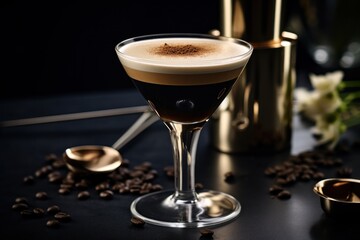 Cold Espresso Martini. Modern glass with gold and decoration around it. AI generated