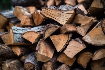 close-up of freshly split firewood stacked neatly, created with generative ai