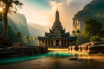 Ancient Ta Promh temple in the jungle, background AI generated illustration.