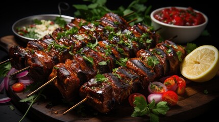 Grilled meat skewers, shish kebab on black background, top view