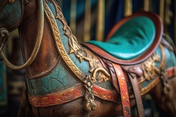 close-up of a saddle and stirrups on a vintage carousel horse, created with generative ai - obrazy, fototapety, plakaty