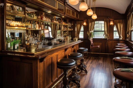 elegant vintage train bar area with polished wood and glassware, created with generative ai