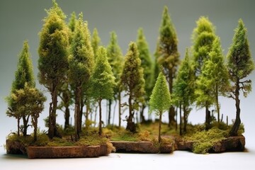 miniature bonsai forest with pruned trees in a row, created with generative ai