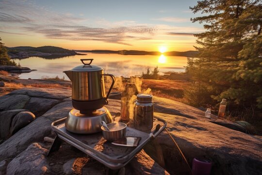 brewing tea with teabags and kettle on camp stove at sunrise, created with generative ai