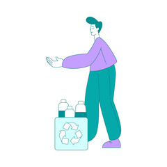 Eco-friendly Life with Man Near Plastic Bottle for Recycle Save Planet Vector Illustration