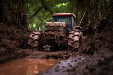 Obraz premium tractor tires sinking in muddy terrain, created with generative ai