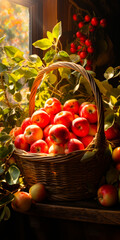 Wicker basket full of ripe red apples shining in the sunlight. Picked apples on the windowsill. Generative AI.