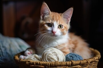 cute kitten cuddling with ball of yarn in basket, created with generative ai