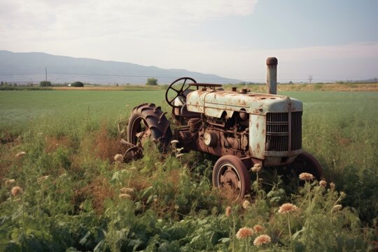 broken tractor beside thriving crop field, created with generative ai