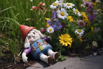 overturned gnome with missing arm near flowers, created with generative ai
