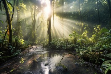 misty morning in dense rainforest with sun rays peeking through, created with generative ai