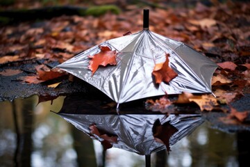 close-up of broken umbrella lying in a puddle, created with generative ai