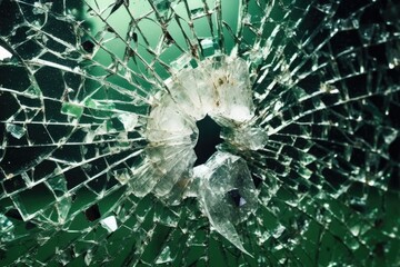 close-up of a shattered window with scattered glass pieces, created with generative ai
