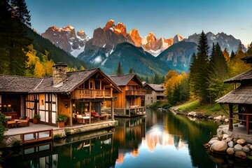 Naklejka premium lake in the mountains at sunset generated Ai.