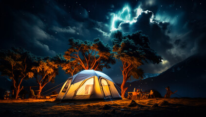 Tourist tent set in the deserted mountainous area. Storm is coming to a camp at night. Generative AI.