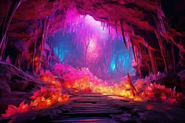 glowing crystal cave with vibrant colors, created with generative ai