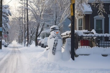 Fototapeta na wymiar snowman next to a snow-covered mailbox, created with generative ai