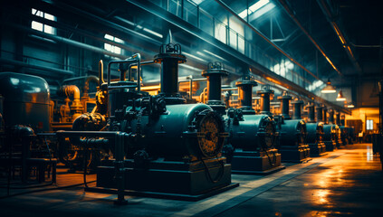 Fototapeta premium Black metal identical reservoirs standing in a row. Equipment at modern factory. Generative AI.