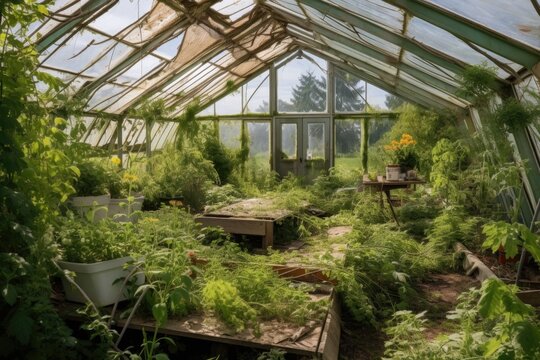 greenhouse roof torn apart by strong wind gusts, created with generative ai