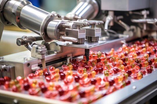 automated machine applying candy coating to sweets, created with generative ai